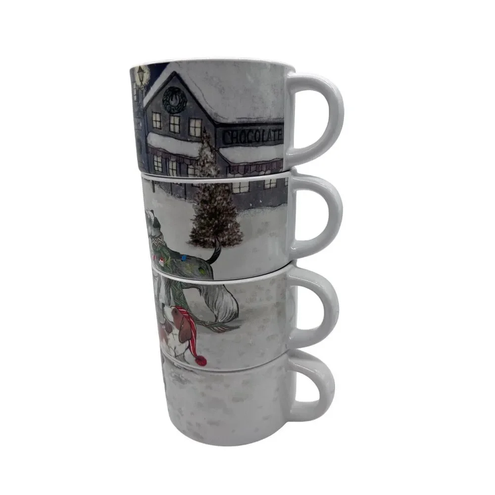 Pier 1 Holiday Christmas Mugs w Stand Basset Hounds Cats Bulldog